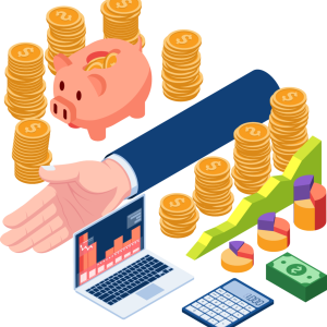 Isometric businessman divide the money for saving and investing